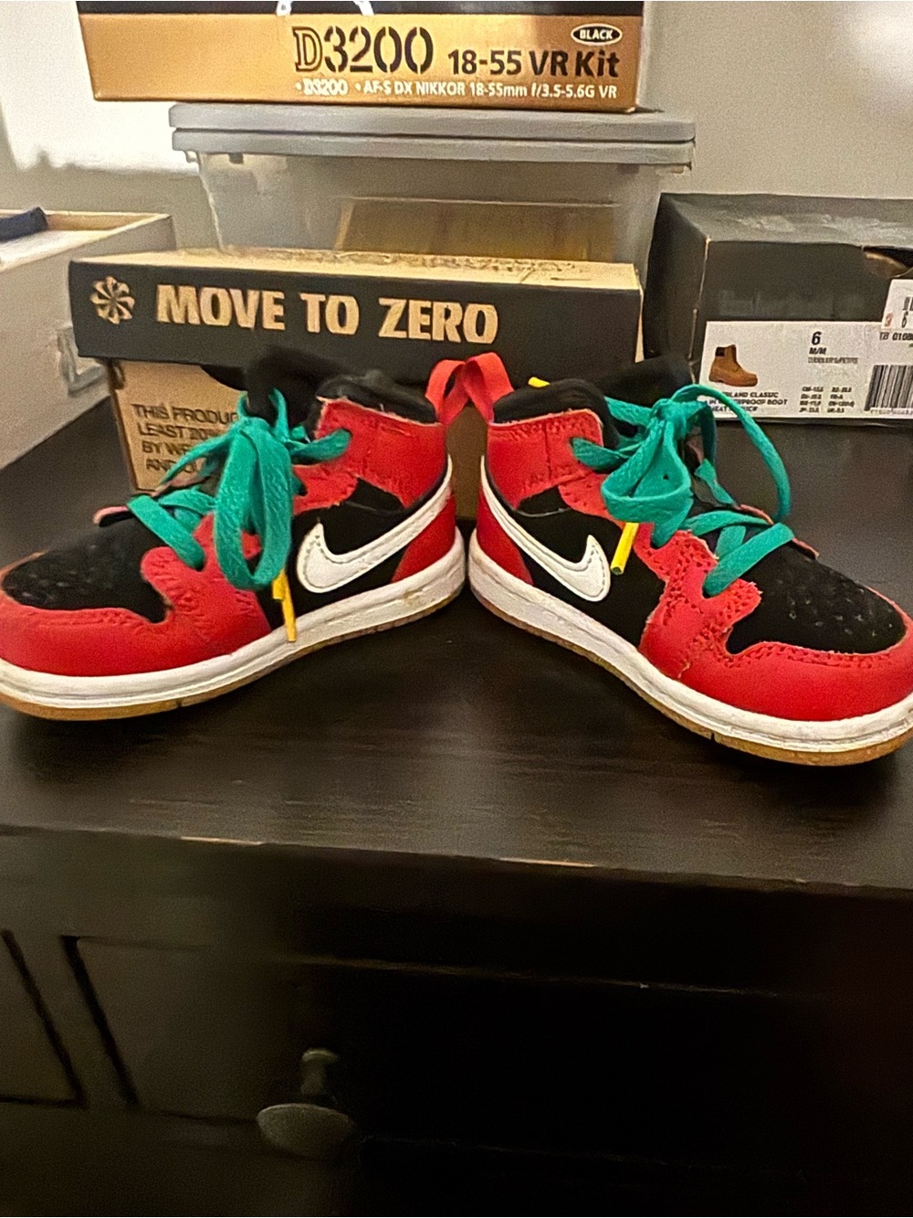 Nike Kids Red and Black High-Top Sneakers with Teal Laces